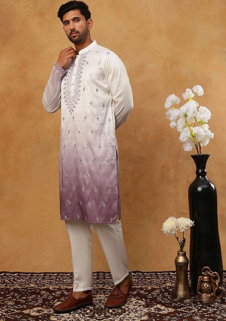 White Floral Print Silk Blend Kurta Pyjama Set For Men - Indya