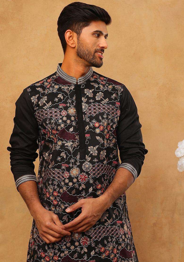 Black Floral Print Silk Blend Kurta Pyjama Set For Men - Indya