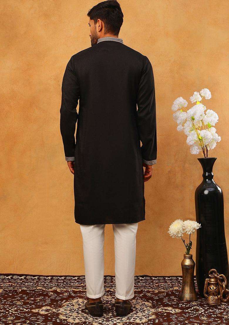 Black Floral Print Silk Blend Kurta Pyjama Set For Men - Indya