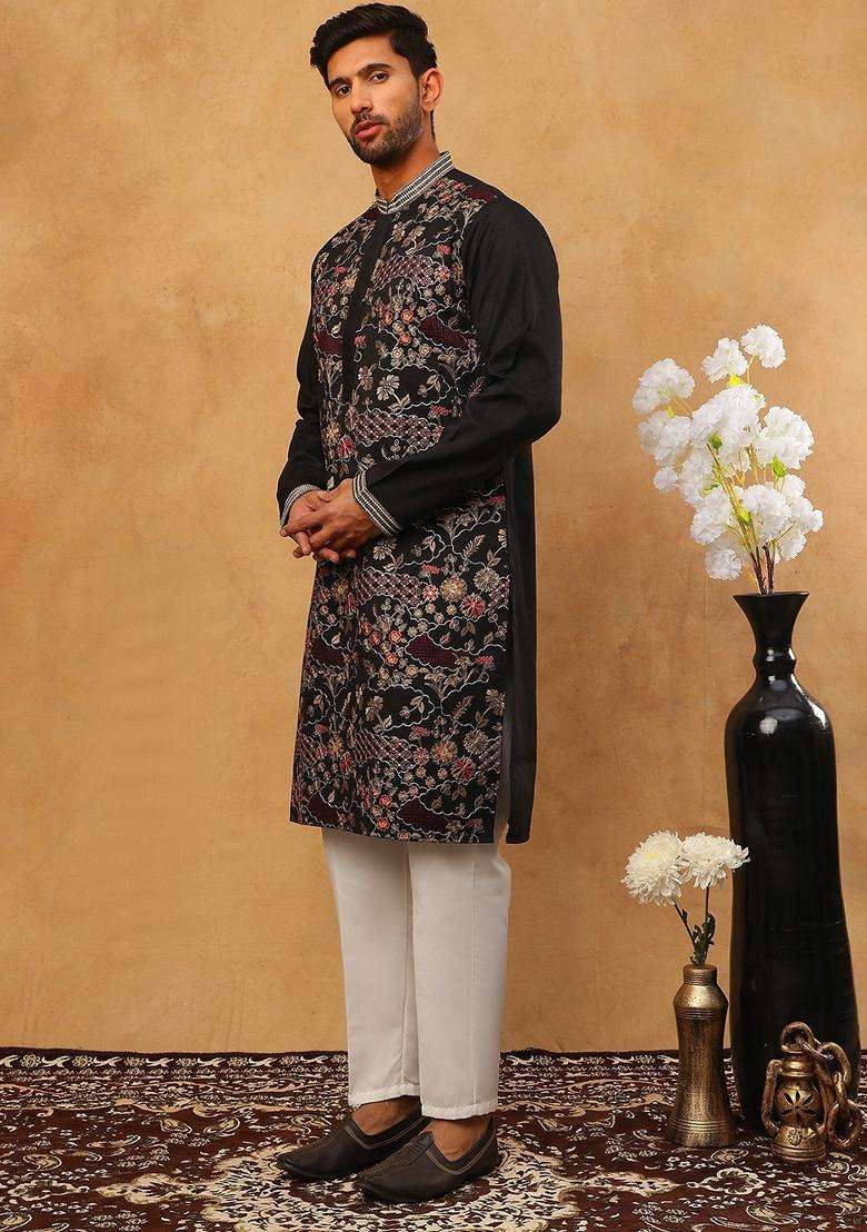 Black Floral Print Silk Blend Kurta Pyjama Set For Men - Indya
