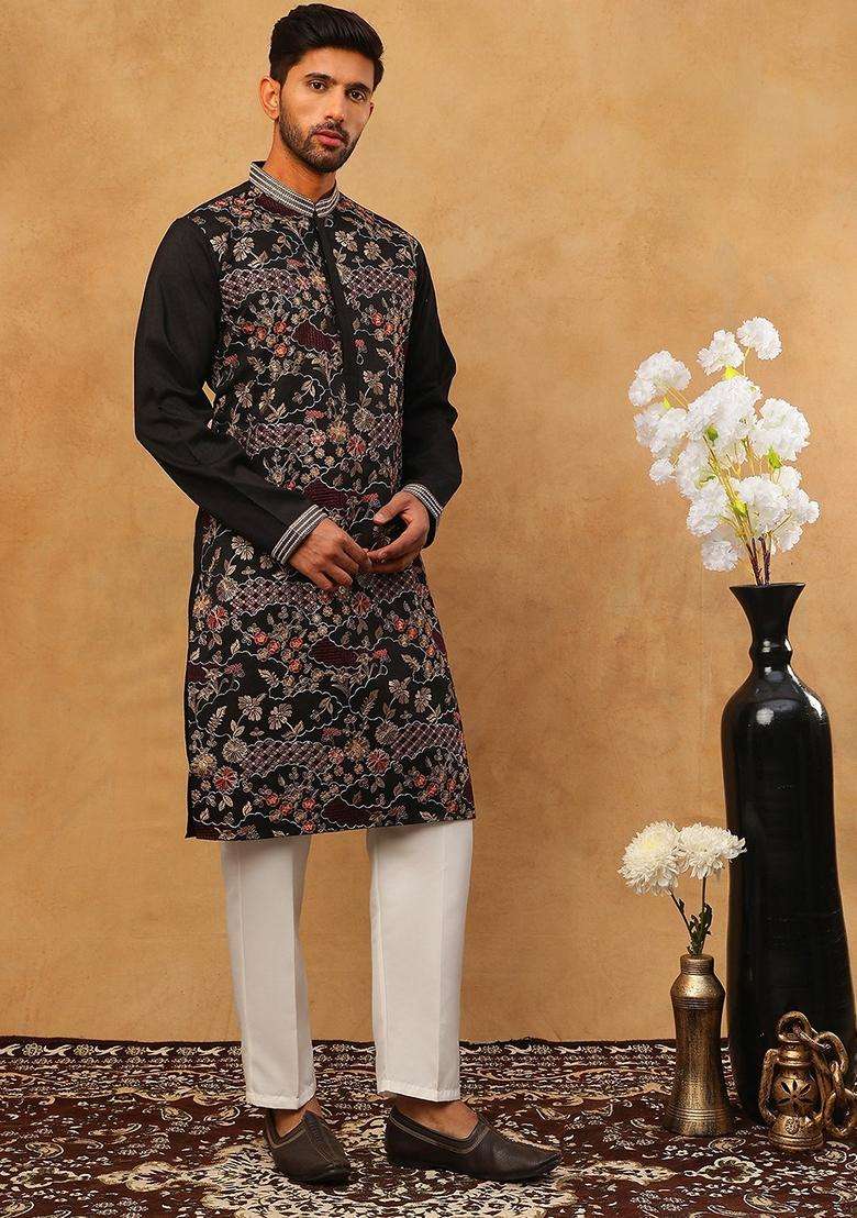 Black Floral Print Silk Blend Kurta Pyjama Set For Men - Indya