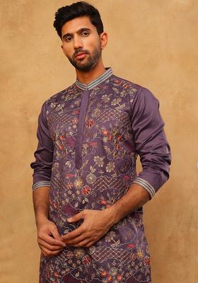 Purple Floral Print Silk Kurta Pyjama Set For Men