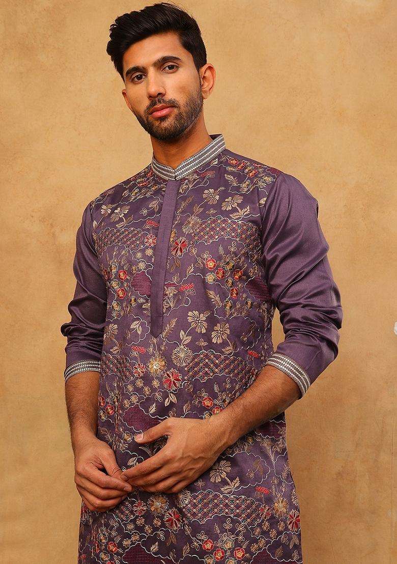 Purple Floral Print Silk Blend Kurta Pyjama Set For Men - Indya