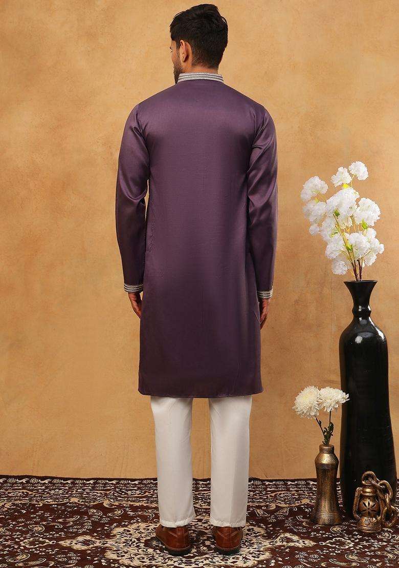 Purple Floral Print Silk Blend Kurta Pyjama Set For Men - Indya