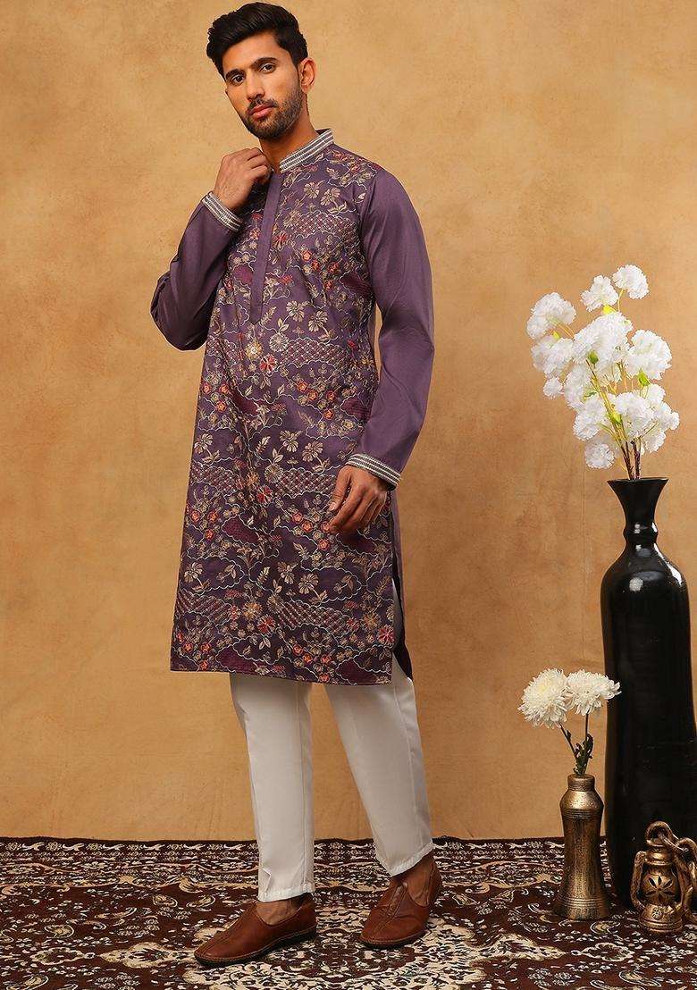 Purple Floral Print Silk Blend Kurta Pyjama Set For Men - Indya