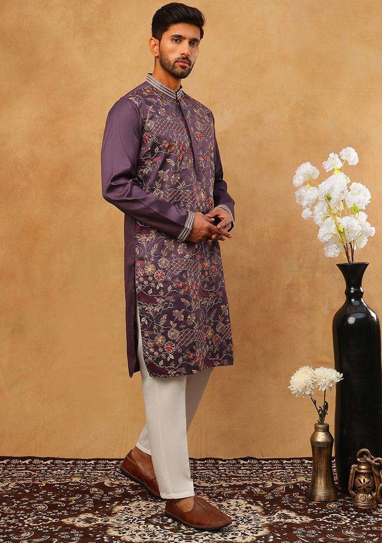 Purple Floral Print Silk Blend Kurta Pyjama Set For Men - Indya