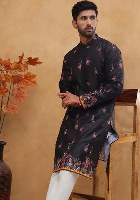 Black Floral Print Cotton Kurta Pyjama Set For Men