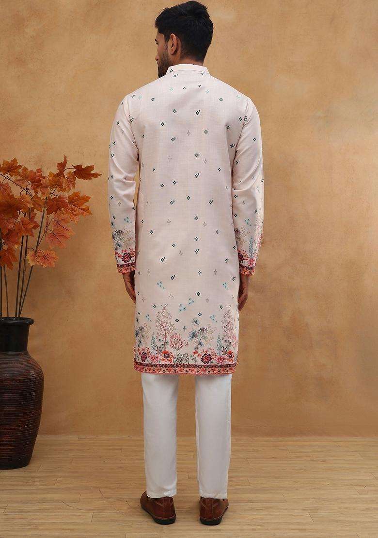 Peach Floral Print Cotton Kurta Pyjama Set For Men - Indya