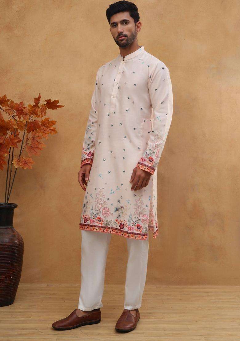 Peach Floral Print Cotton Kurta Pyjama Set For Men - Indya