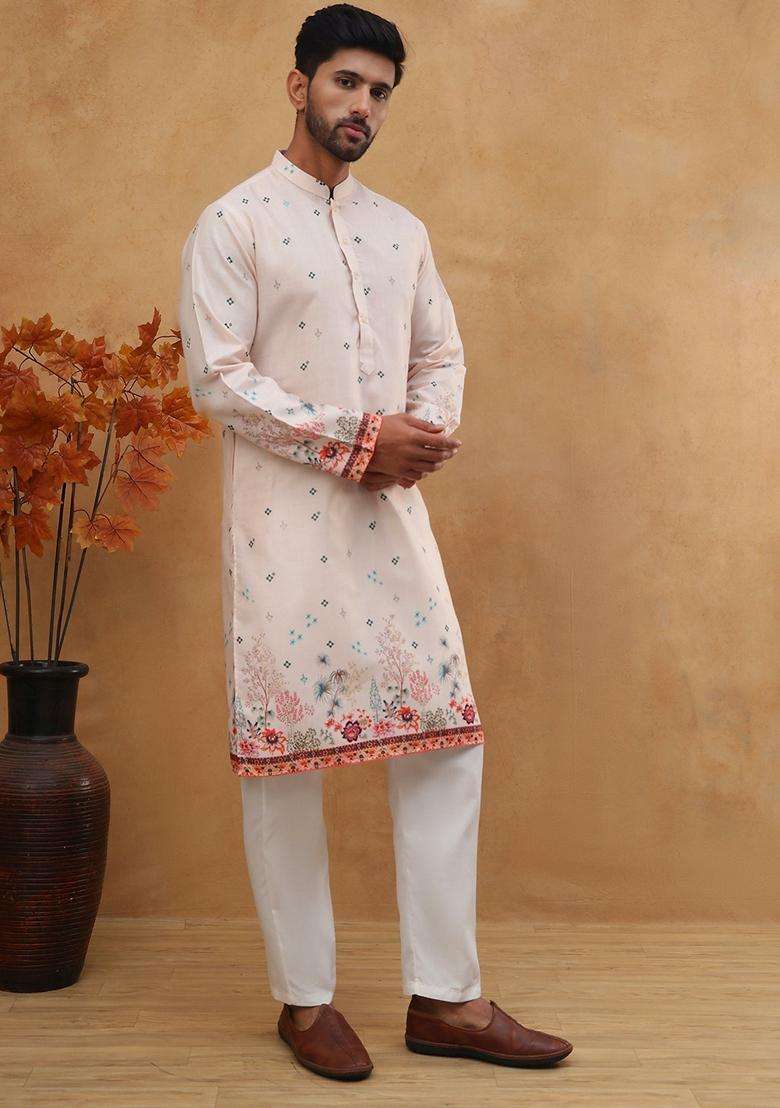 Peach Floral Print Cotton Kurta Pyjama Set For Men - Indya