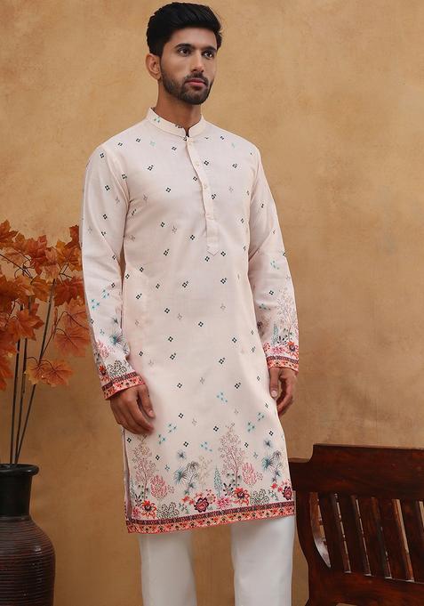 Peach Floral Print Cotton Kurta Pyjama Set For Men