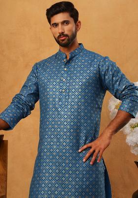 Blue Floral Print Cotton Kurta Pyjama Set For Men