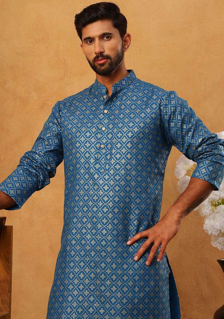 Blue Floral Print Cotton Kurta Pyjama Set For Men - Indya