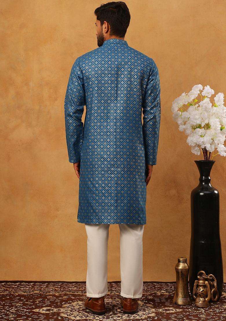 Blue Floral Print Cotton Kurta Pyjama Set For Men - Indya