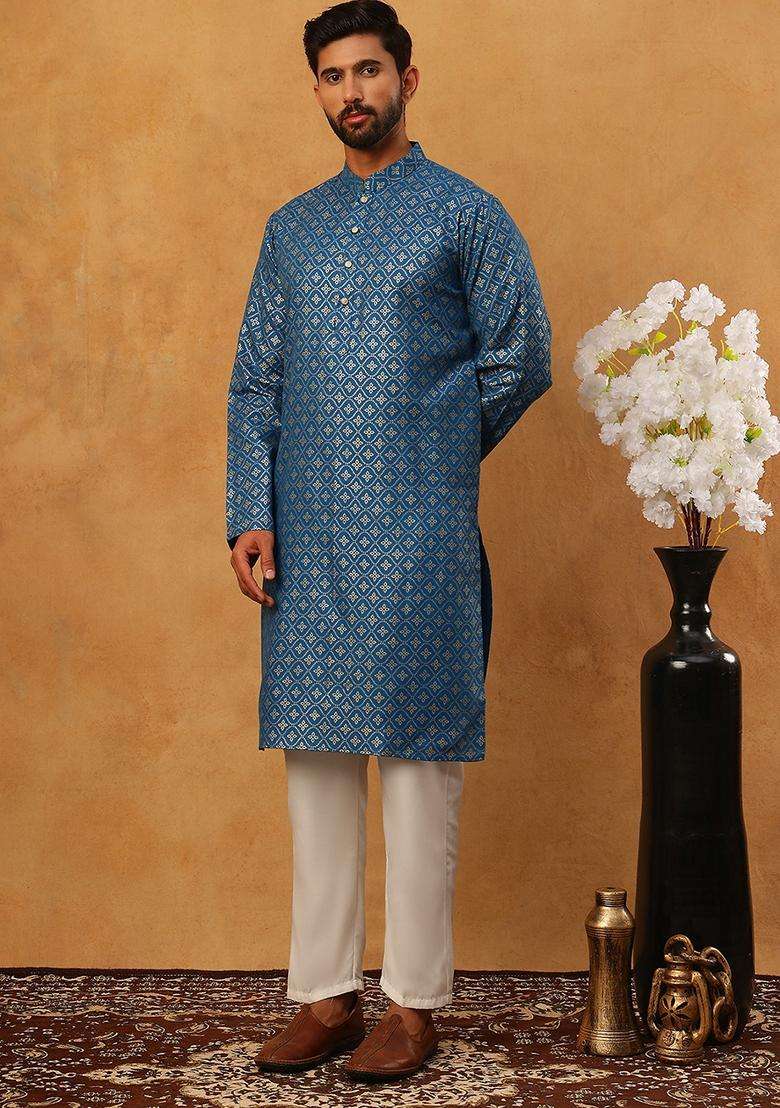 Blue Floral Print Cotton Kurta Pyjama Set For Men - Indya