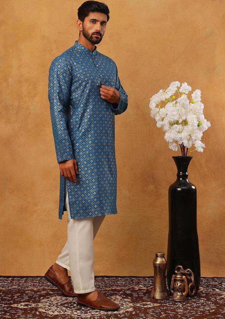 Blue Floral Print Cotton Kurta Pyjama Set For Men - Indya