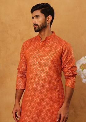 Orange Floral Print Cotton Kurta Pyjama Set For Men