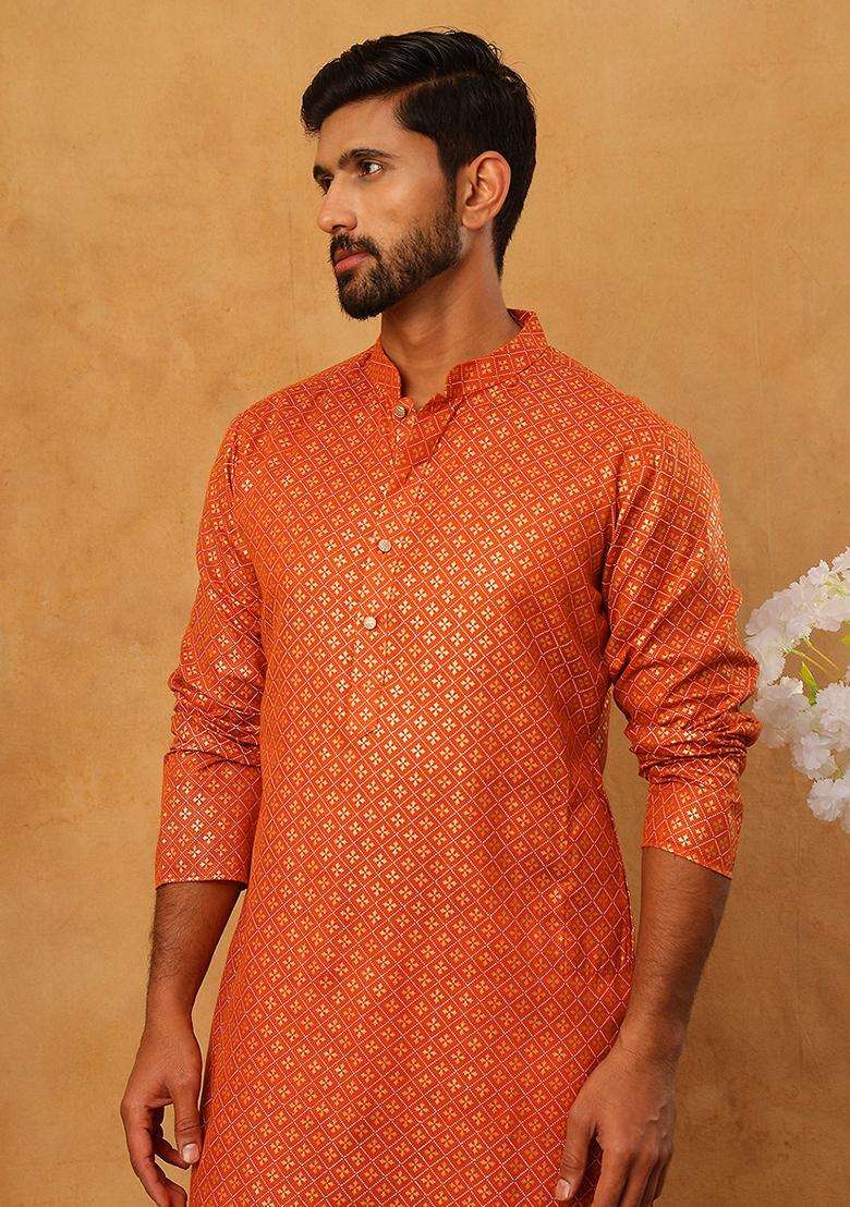 Orange Floral Print Cotton Kurta Pyjama Set For Men - Indya