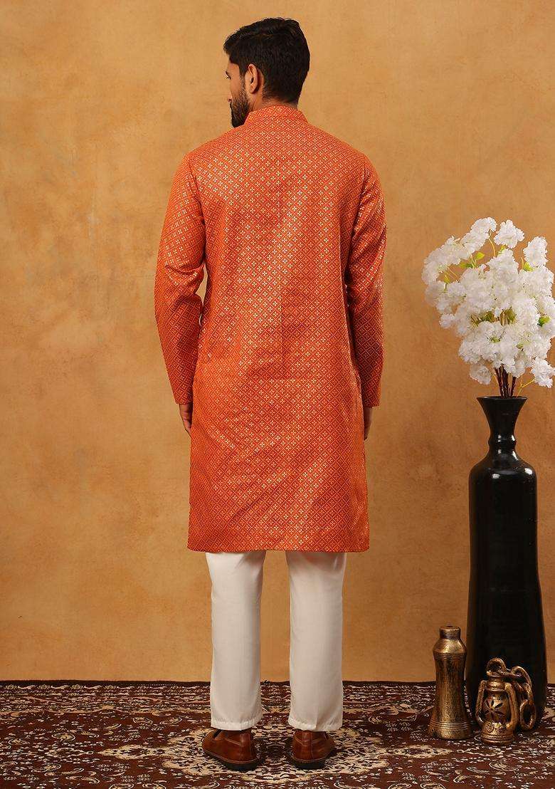 Orange Floral Print Cotton Kurta Pyjama Set For Men - Indya