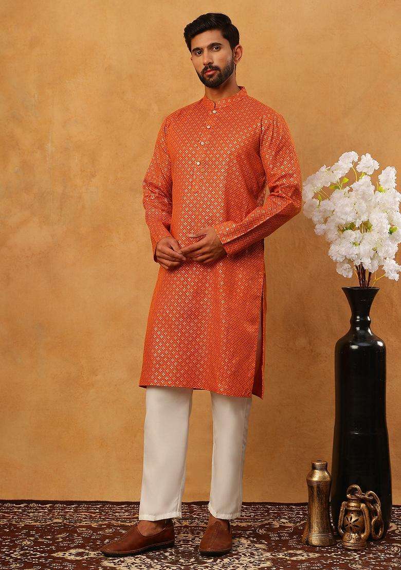 Orange Floral Print Cotton Kurta Pyjama Set For Men - Indya