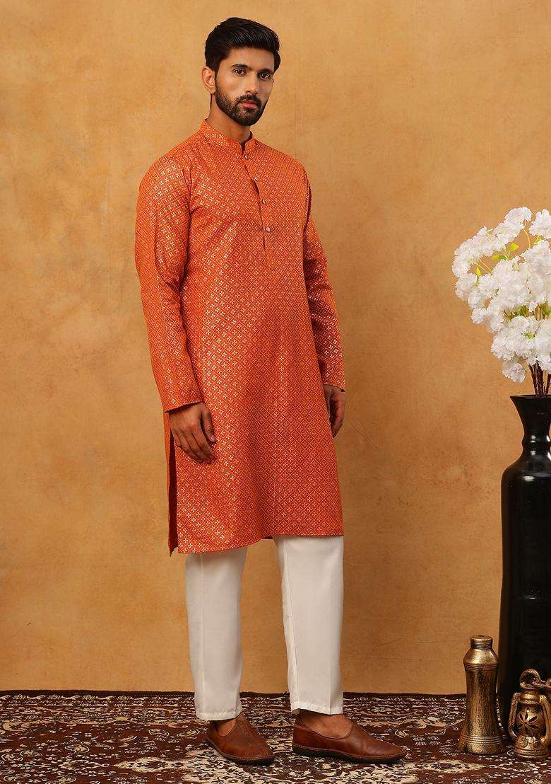 Orange Floral Print Cotton Kurta Pyjama Set For Men - Indya
