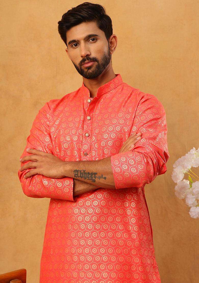 Peach Floral Print Cotton Kurta Pyjama Set For Men - Indya