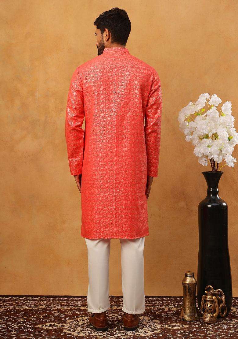 Peach Floral Print Cotton Kurta Pyjama Set For Men - Indya