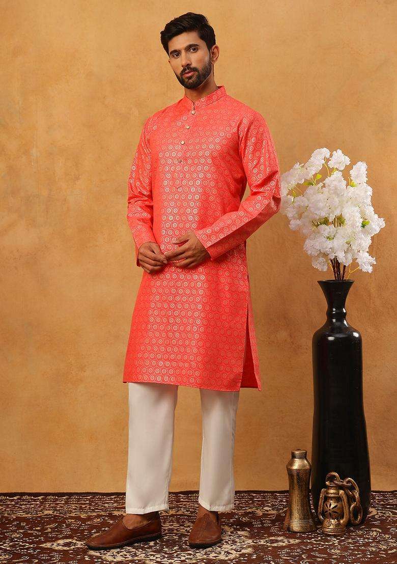 Peach Floral Print Cotton Kurta Pyjama Set For Men - Indya