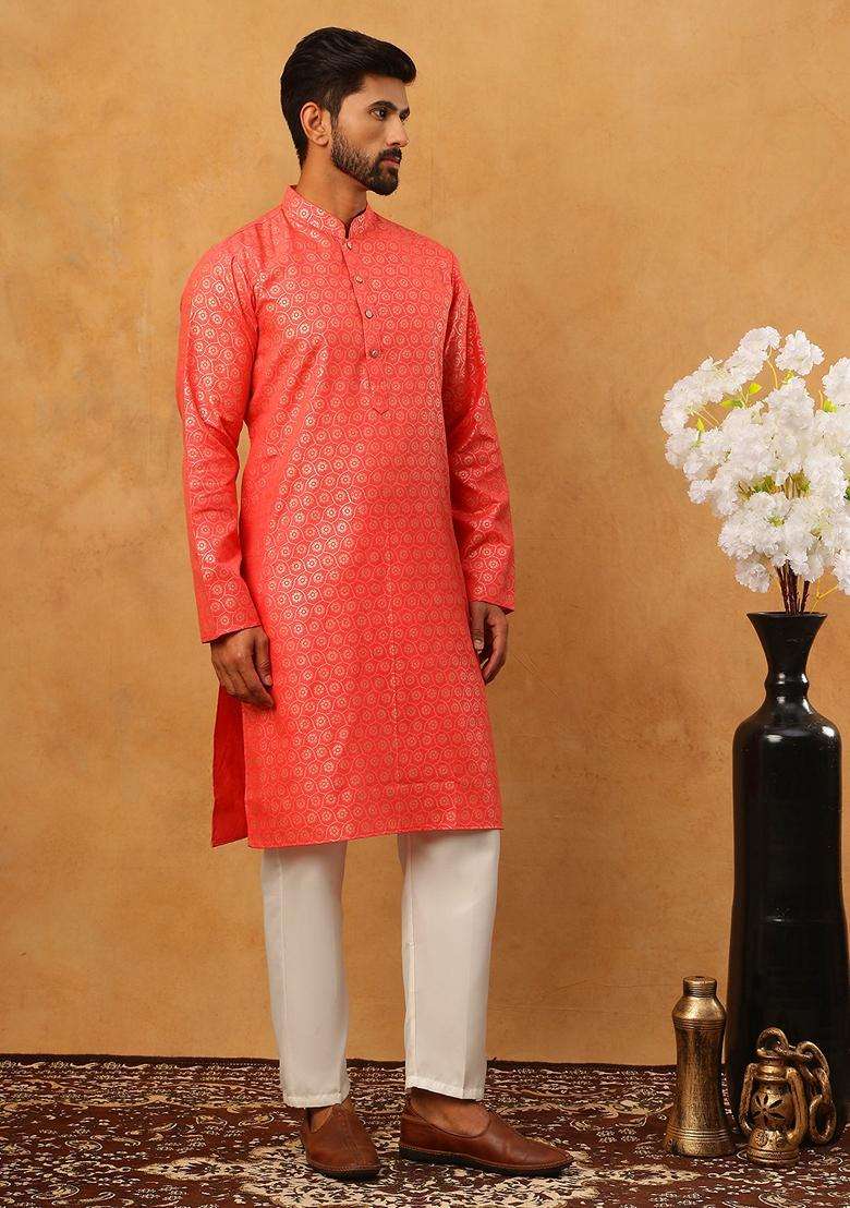 Peach Floral Print Cotton Kurta Pyjama Set For Men - Indya