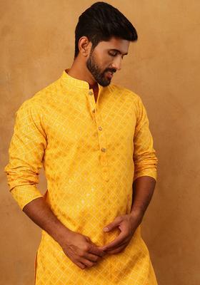 Yellow Floral Print Cotton Kurta Pyjama Set For Men