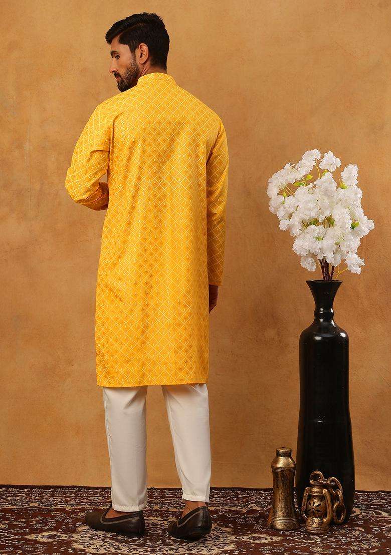 Yellow Floral Print Cotton Kurta Pyjama Set For Men - Indya