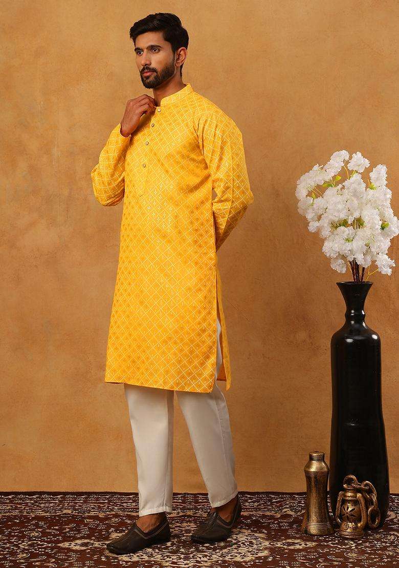 Yellow Floral Print Cotton Kurta Pyjama Set For Men - Indya