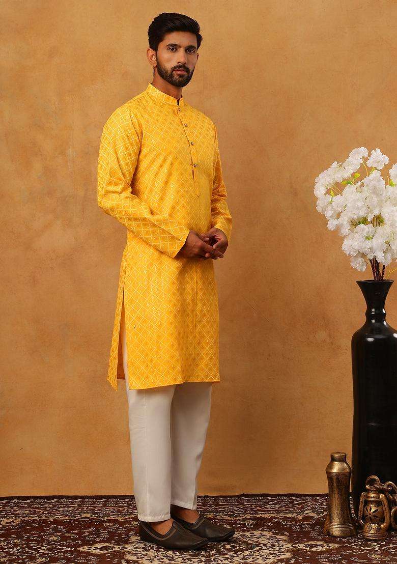 Yellow Floral Print Cotton Kurta Pyjama Set For Men - Indya