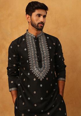 Black Geometric Silk Blend Kurta Pyjama Set For Men
