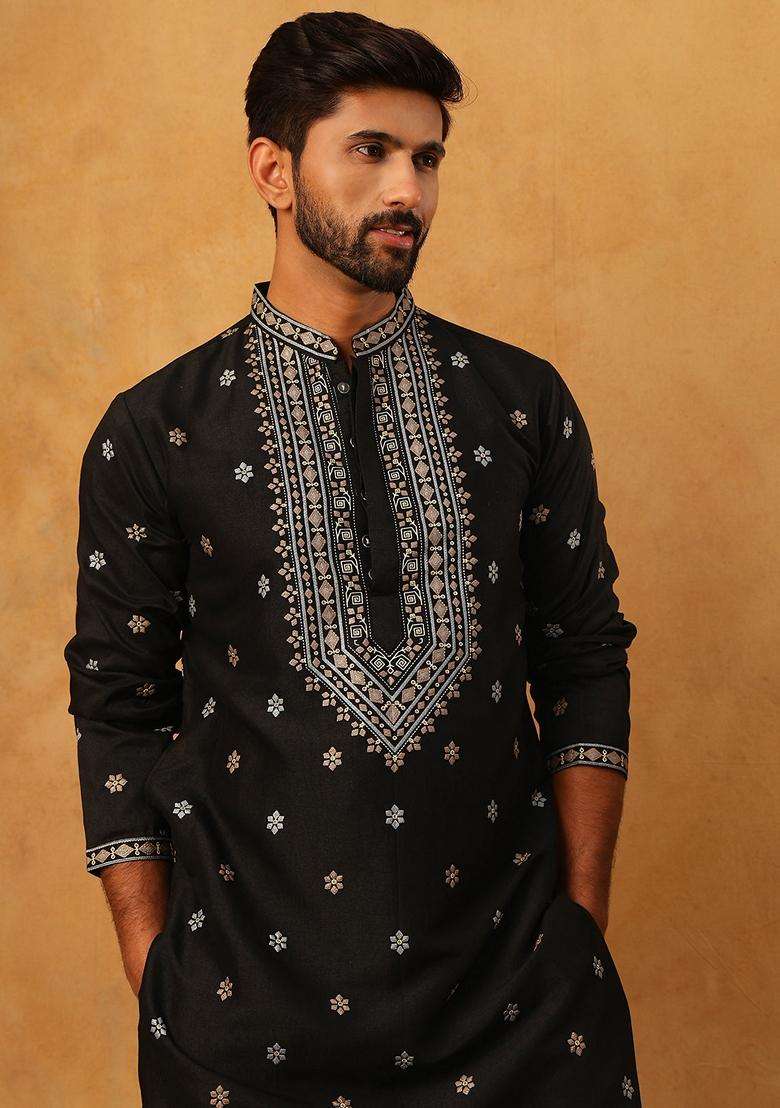 Black Geometric Silk Blend Kurta Pyjama Set For Men - Indya