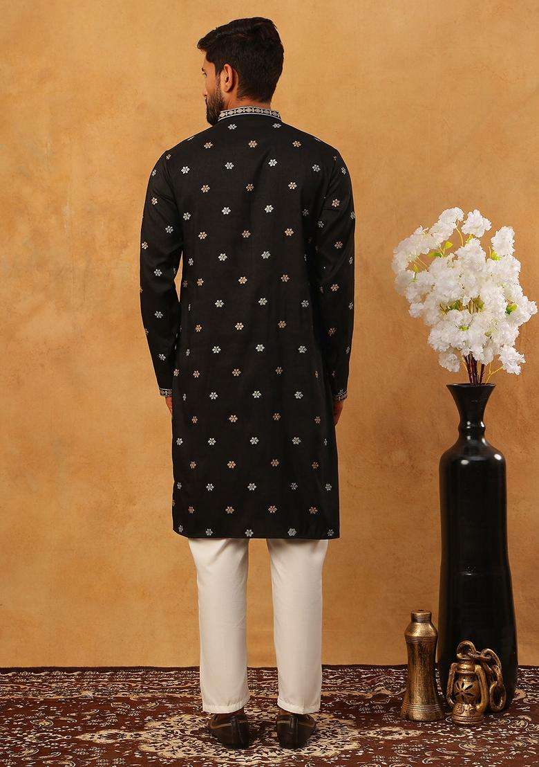 Black Geometric Silk Blend Kurta Pyjama Set For Men - Indya
