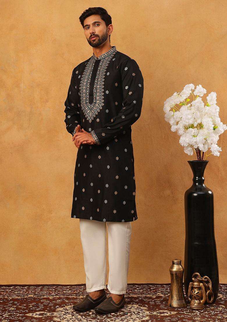 Black Geometric Silk Blend Kurta Pyjama Set For Men - Indya