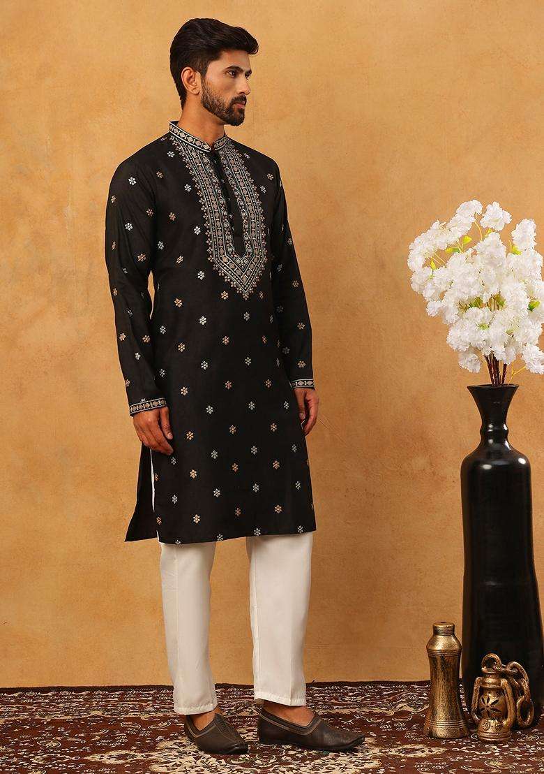 Black Geometric Silk Blend Kurta Pyjama Set For Men - Indya