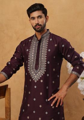 Purple Geometric Silk Kurta Pyjama Set For Men