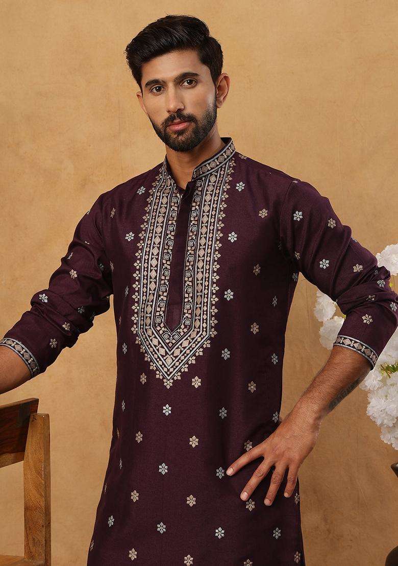 Purple Geometric Silk Blend Kurta Pyjama Set For Men - Indya