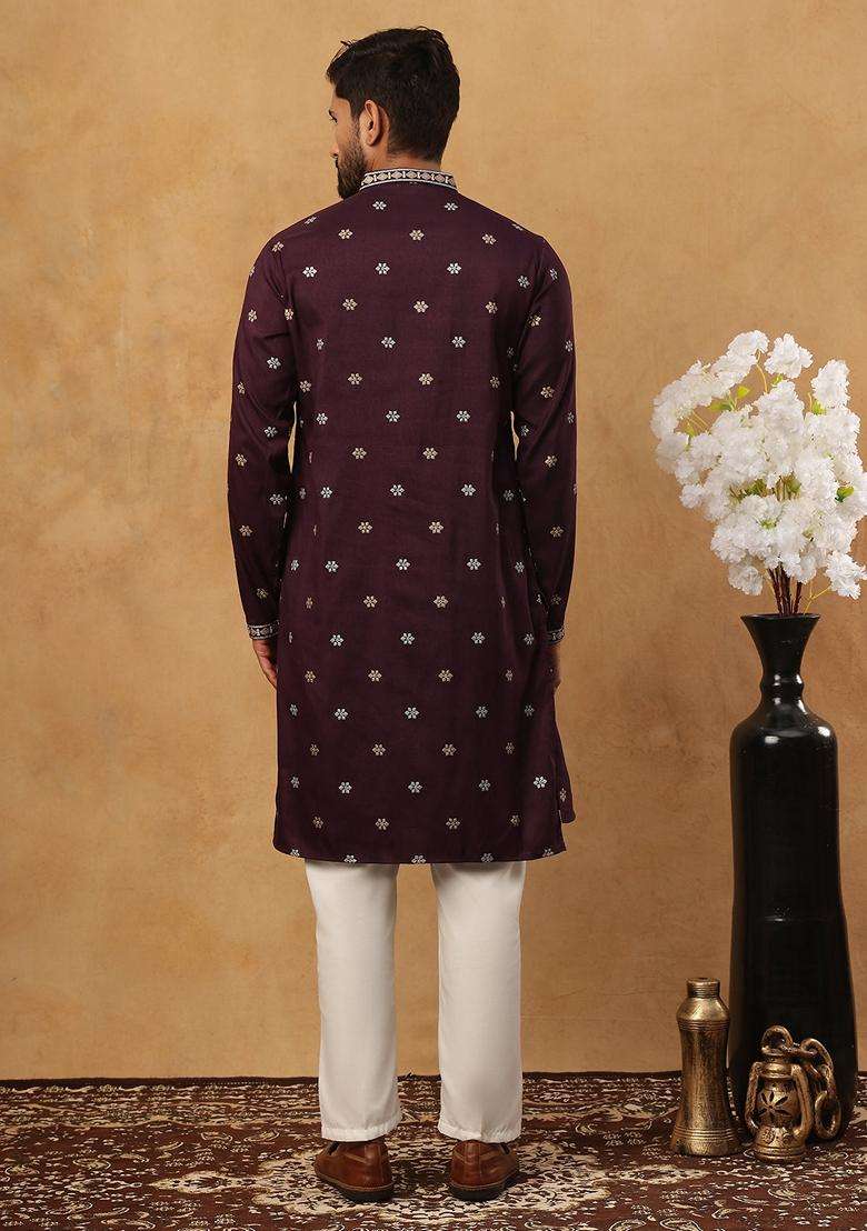 Purple Geometric Silk Blend Kurta Pyjama Set For Men - Indya