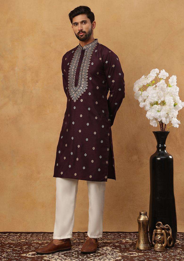 Purple Geometric Silk Blend Kurta Pyjama Set For Men - Indya