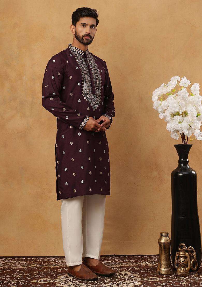 Purple Geometric Silk Blend Kurta Pyjama Set For Men - Indya