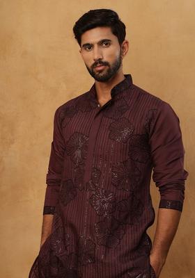 Maroon Floral Print Silk Kurta Pyjama Set For Men