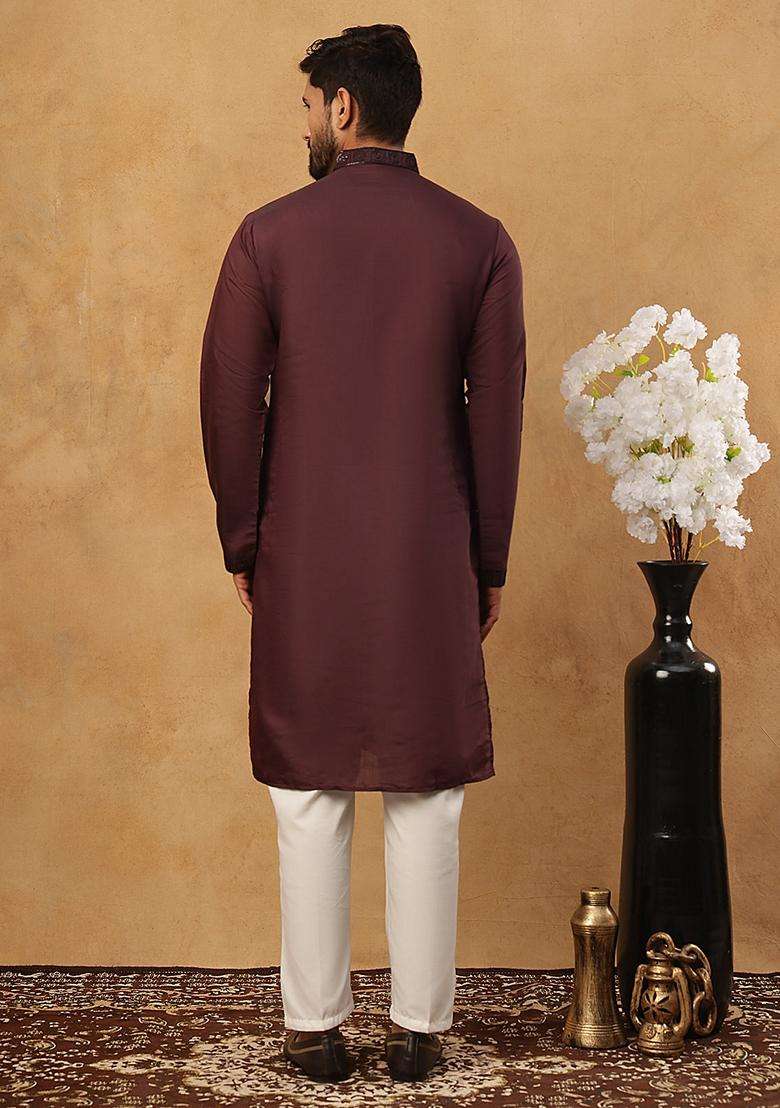 Maroon Floral Print Silk Blend Kurta Pyjama Set For Men - Indya