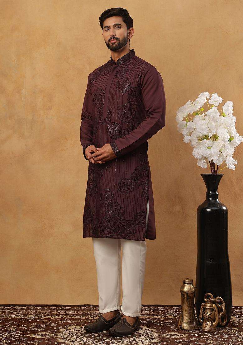 Maroon Floral Print Silk Blend Kurta Pyjama Set For Men - Indya