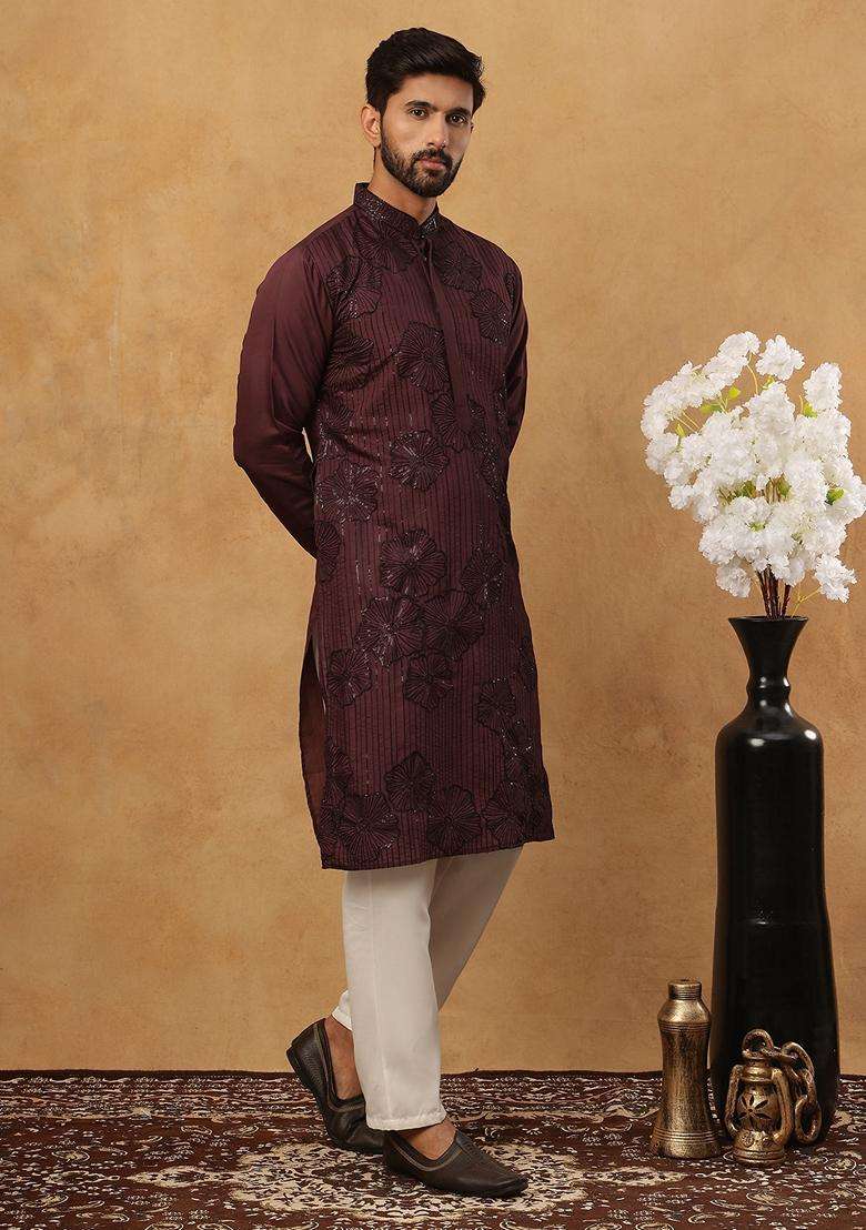Maroon Floral Print Silk Blend Kurta Pyjama Set For Men - Indya