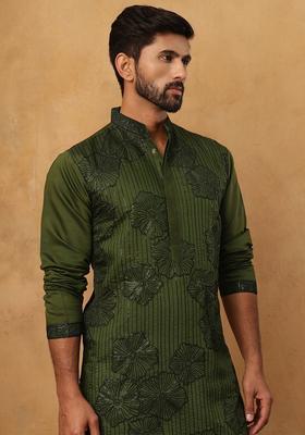 Olive Floral Print Silk Kurta Pyjama Set For Men
