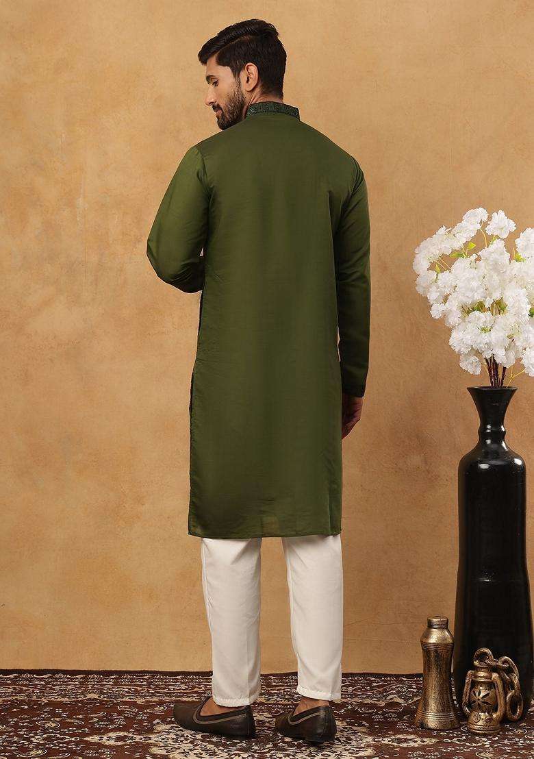 Olive Floral Print Silk Blend Kurta Pyjama Set For Men - Indya