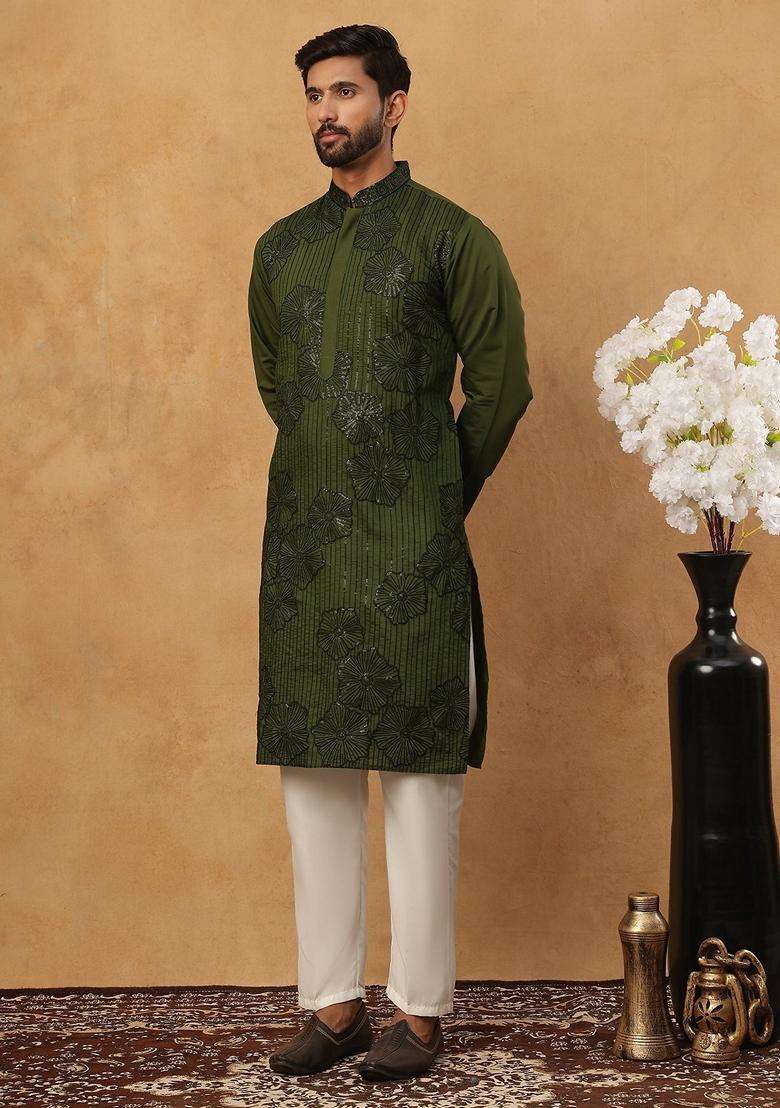 Olive Floral Print Silk Blend Kurta Pyjama Set For Men - Indya